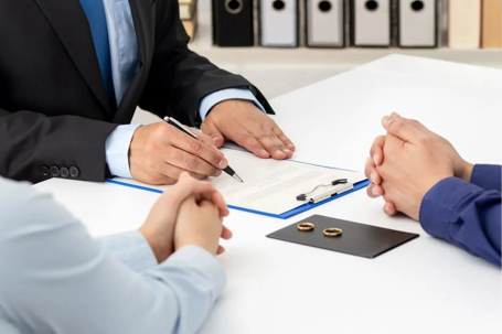 A lawyer and a couple reviewing divorce documents with wedding rings on the table